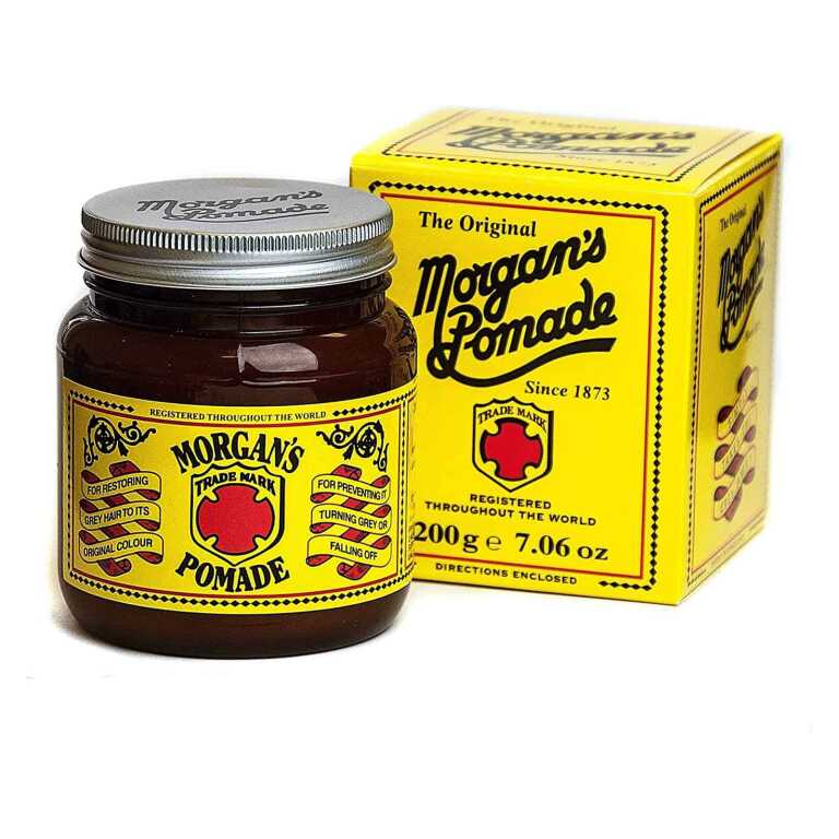 Pomadă Morgan's Amber Jar pentru întunecarea părului, 200ml, ambalaj galben și negru.