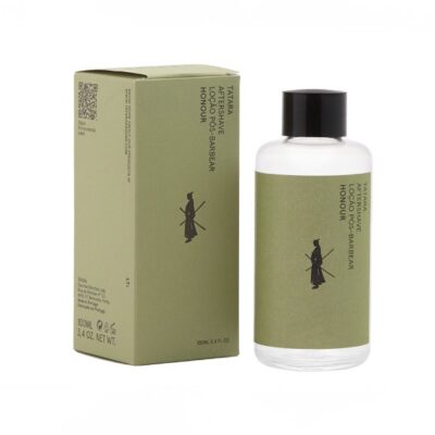 Set complet Aftershave Tatara Honour 100ml: sticla transparentă și cutia de carton verde măsliniu cu logo