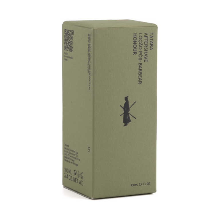 Cutie de ambalaj pentru Aftershave Tatara Honour, design minimalist verde cu simbolul Samurai.