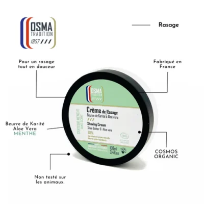 Beneficii cremă de ras Osma Mint: Efect răcoritor, Aloe Vera și certificare Cosmos Organic.