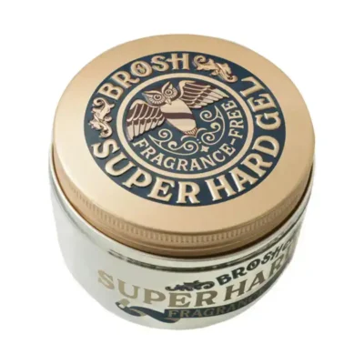 Imaginea prezintă un recipient de gel de păr Brosh Super Hard, fără parfum, de 200 grame.