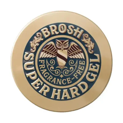 Imaginea prezintă un recipient de gel de păr Brosh Super Hard, fără parfum, de 200g.