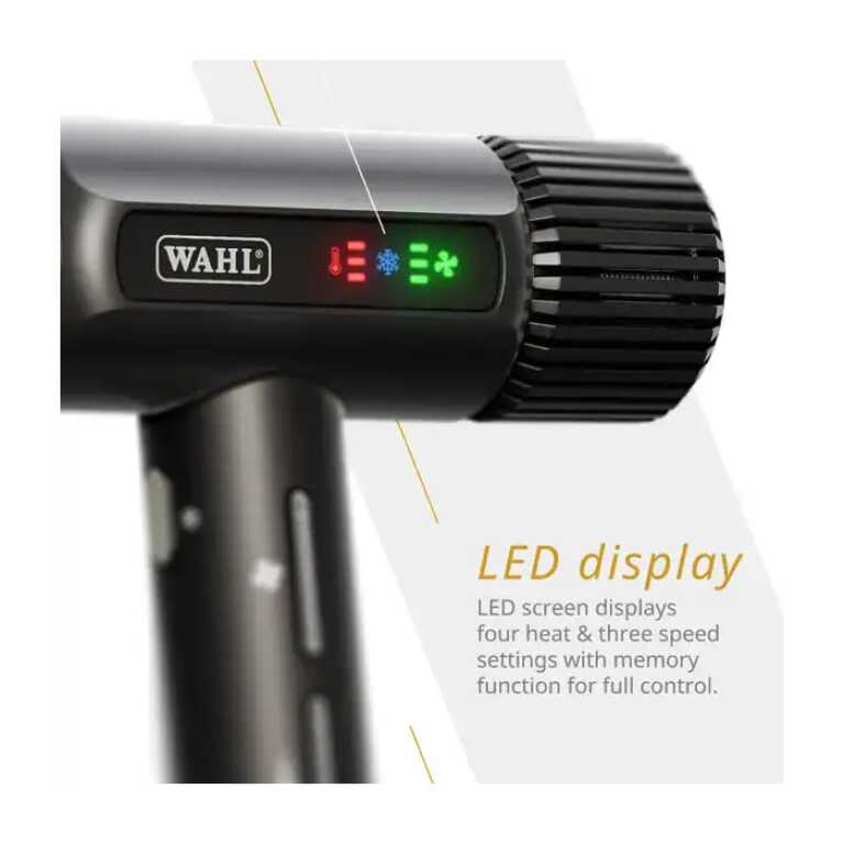 Uscător de păr Wahl Vanquish Digital Black cu afișaj LED și funcții avansate.